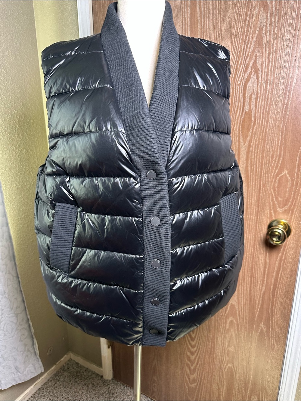 Kenneth Cole Shiny Black Quilted Puffer Vest with Ribbed Trim